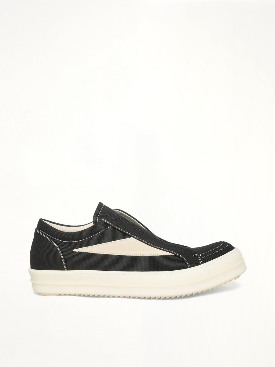 Laceless Vintage Sneaks in Black/Milk/Milk Side View | RICK OWENS DRKSHDW