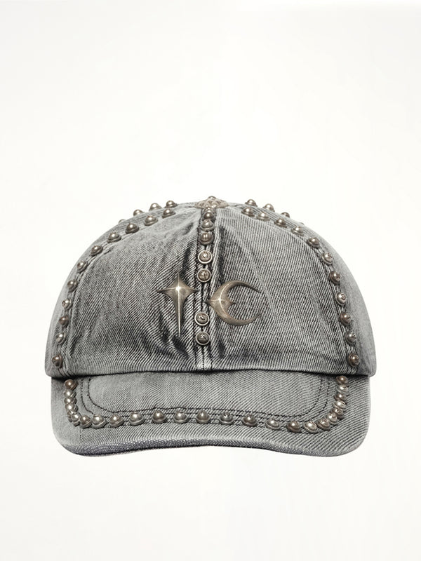 Studded Denim Cap in Black