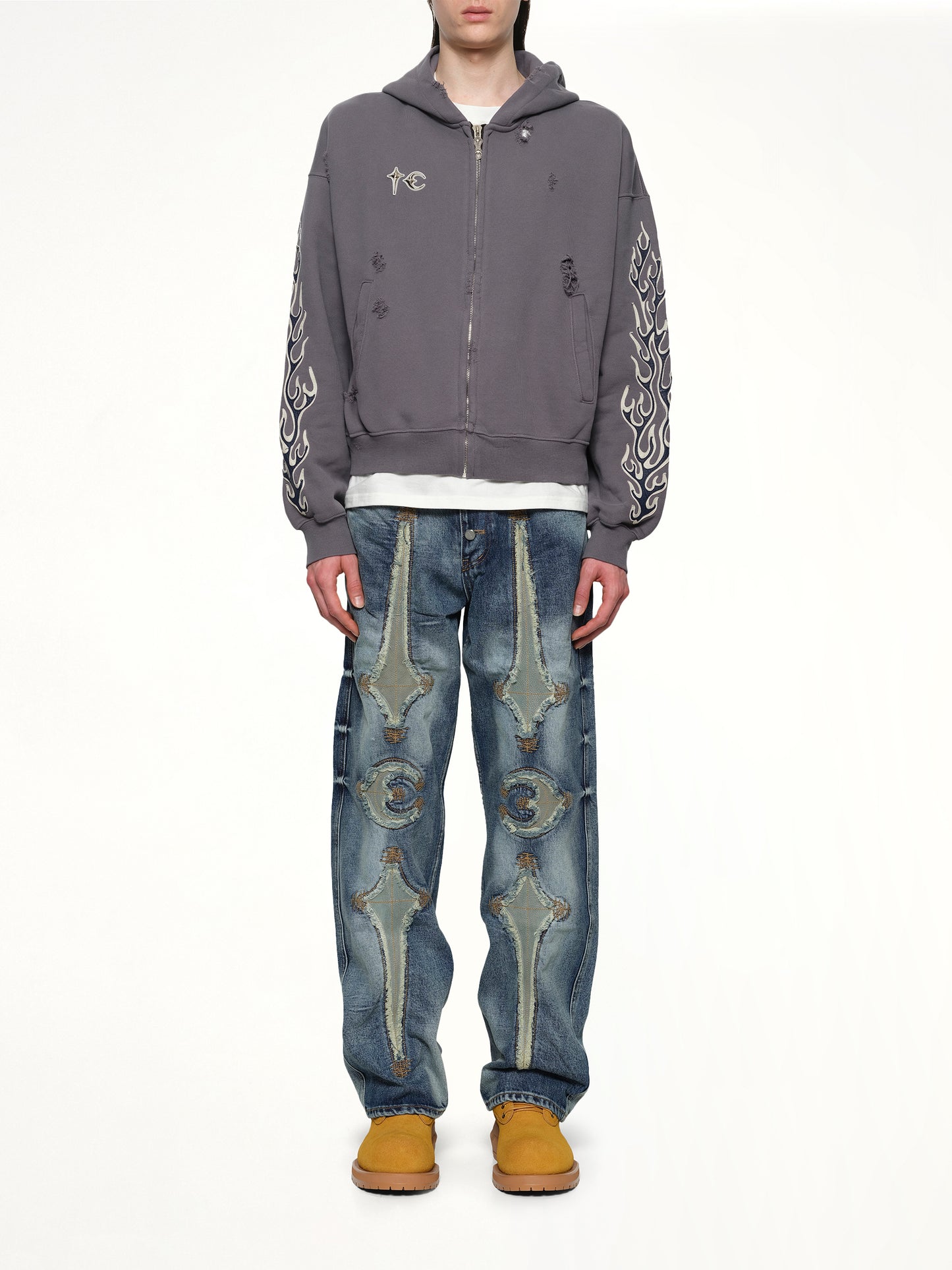 Leather Flame Hooded Zip-Up in Grey