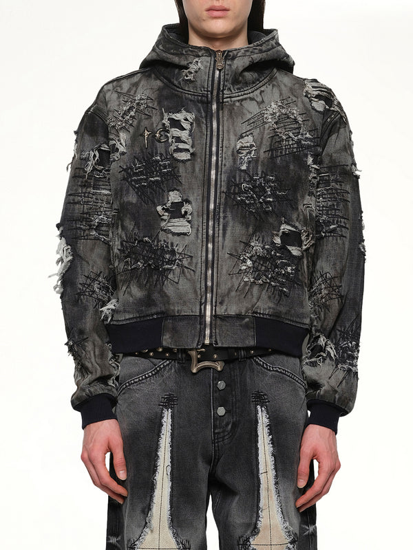 Hard-Washed Damaged Denim Hooded Zip-Up in Black