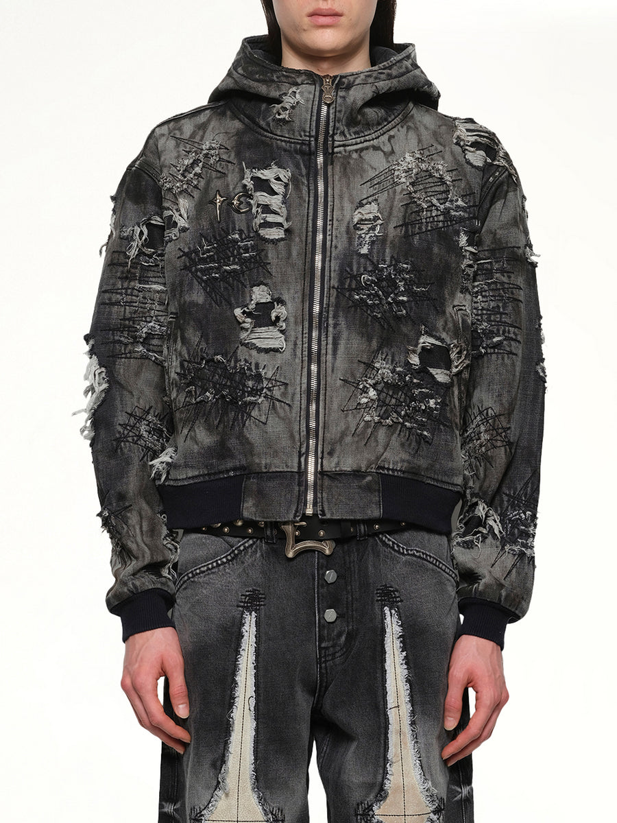 Hard-Washed Damaged Denim Hooded Zip-Up in Black