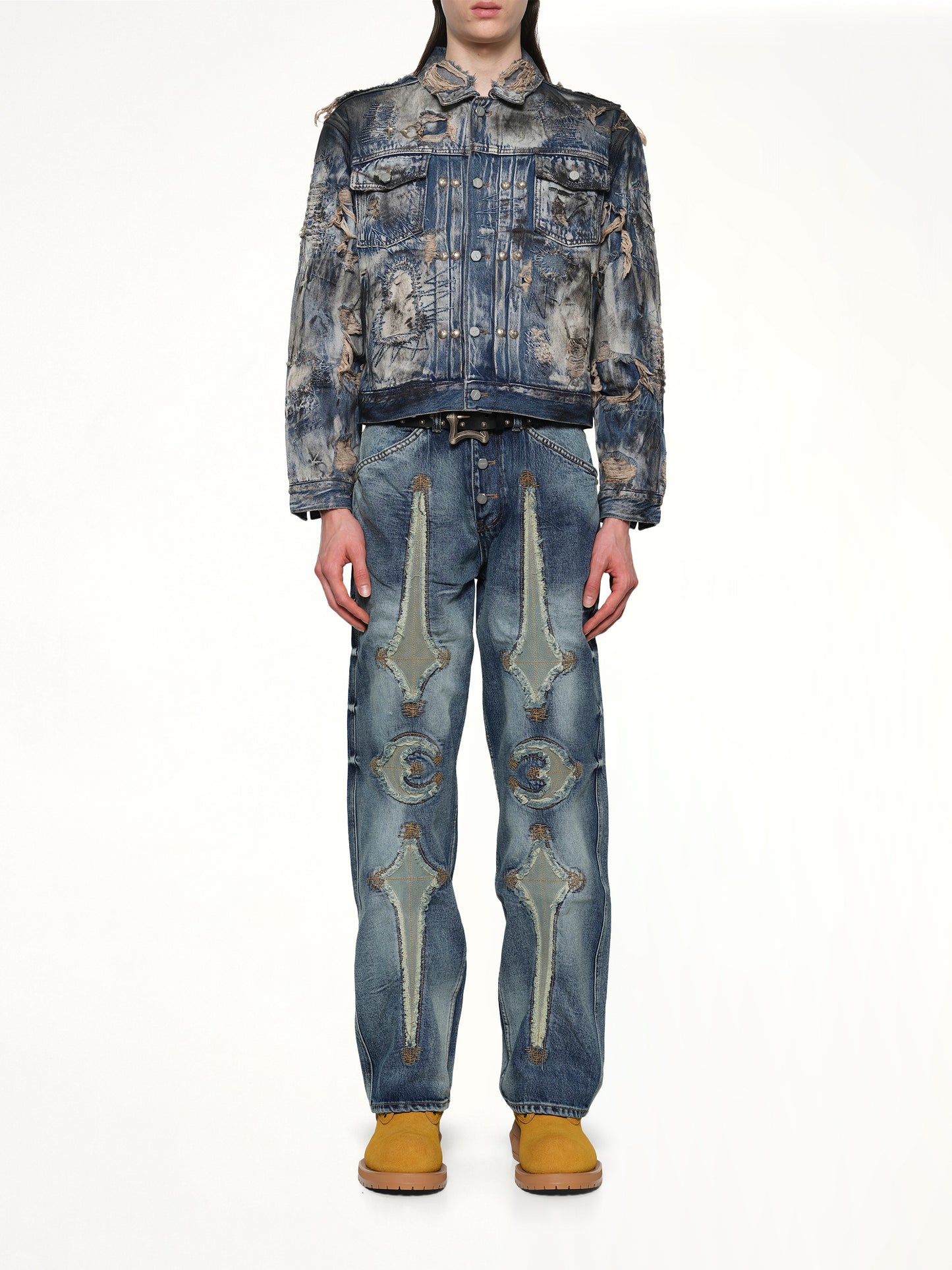 Hard-Washed Damaged Denim Jacket in Blue