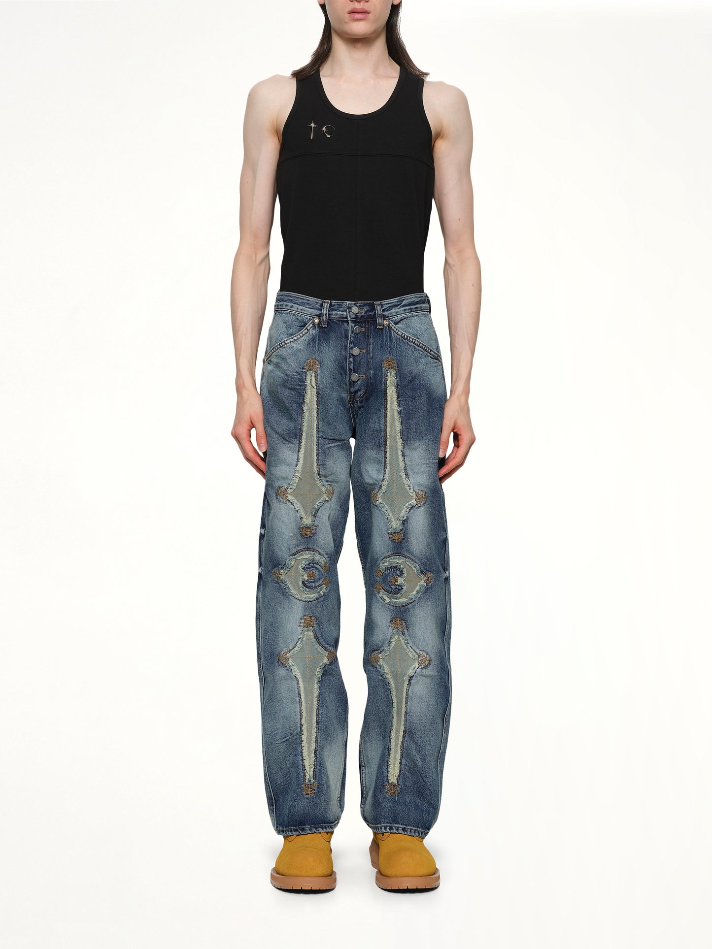 TC Bone Leather Denim Pants in Blue