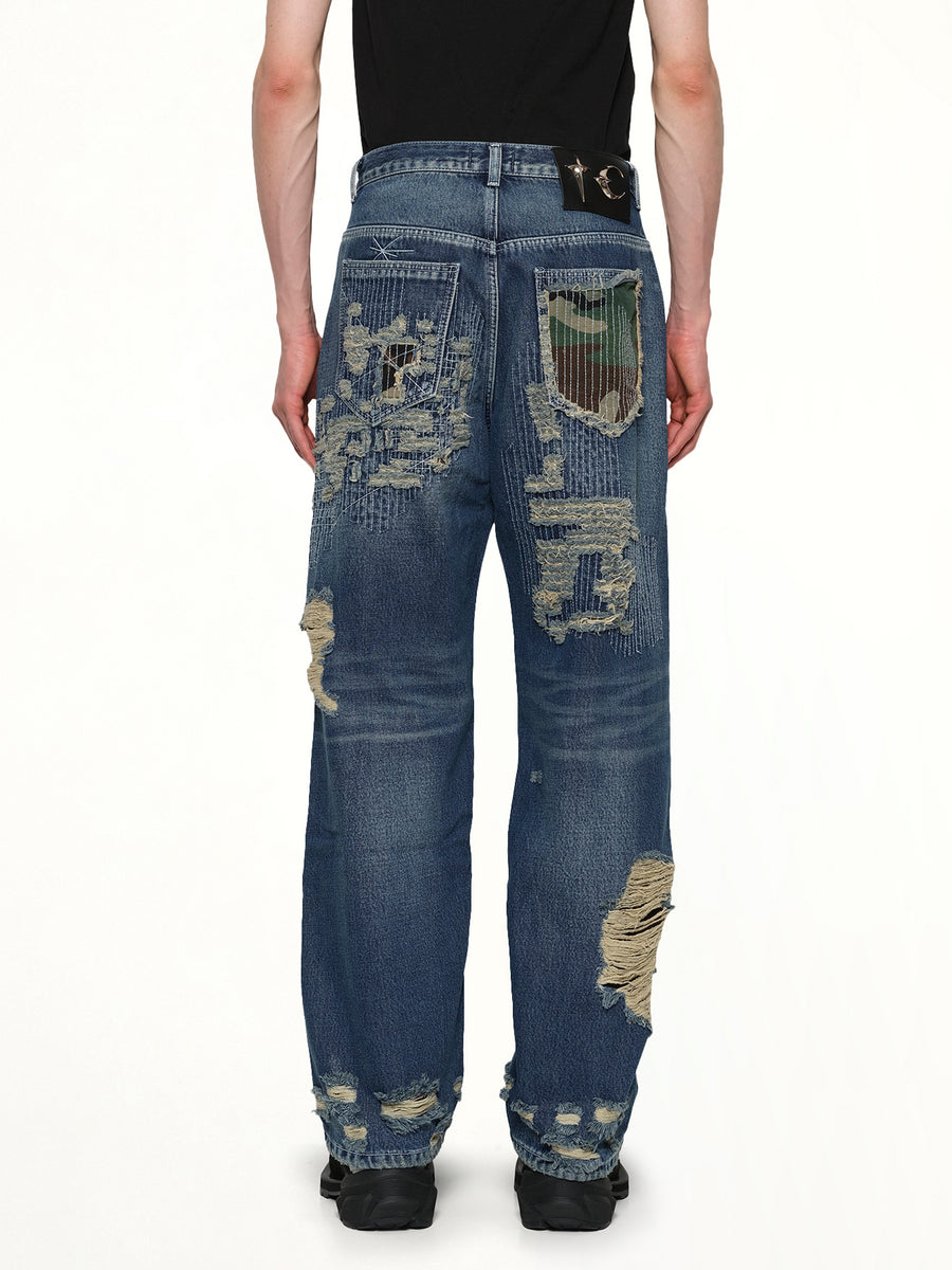 Vintage-Stitched Camo Denim Pants in Blue