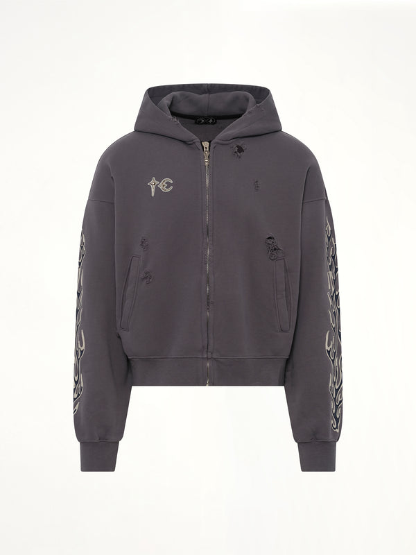 Leather Flame Hooded Zip-Up in Grey