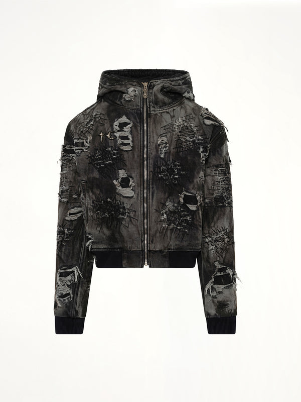 Hard-Washed Damaged Denim Hooded Zip-Up in Black