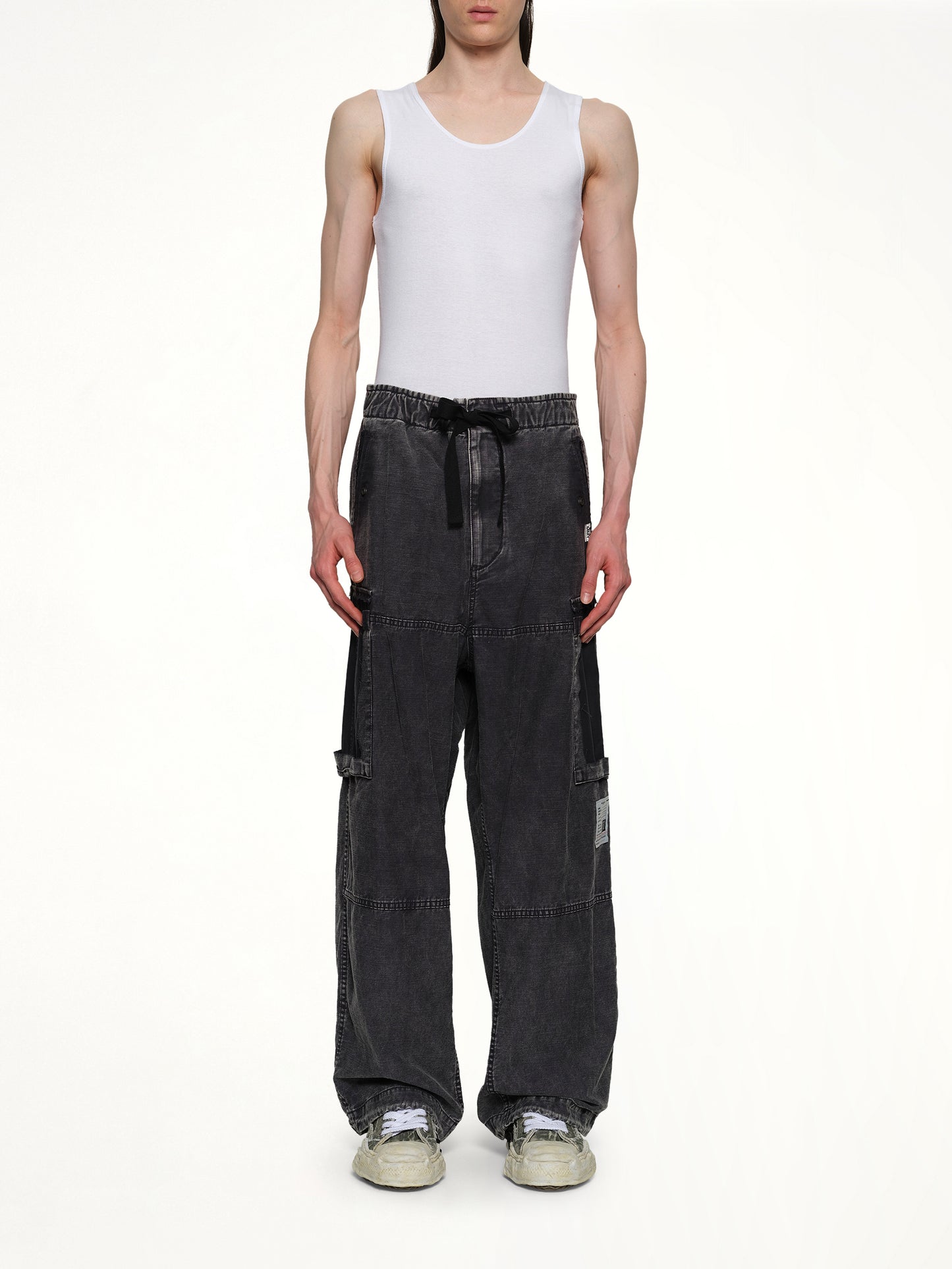 Cotton Satin Cargo Trousers in Black