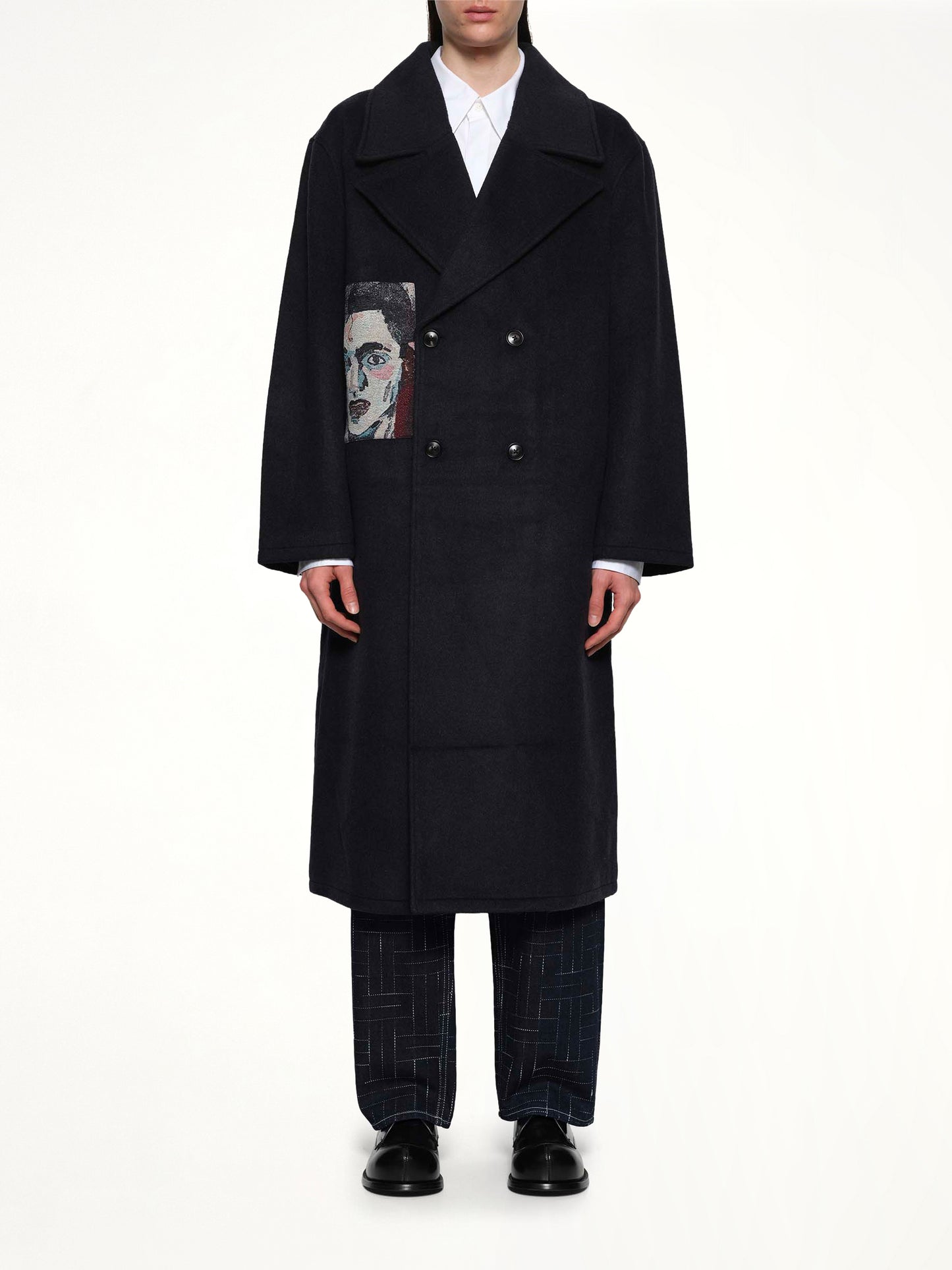 Jacquard Patches Wool Overcoat in Navy