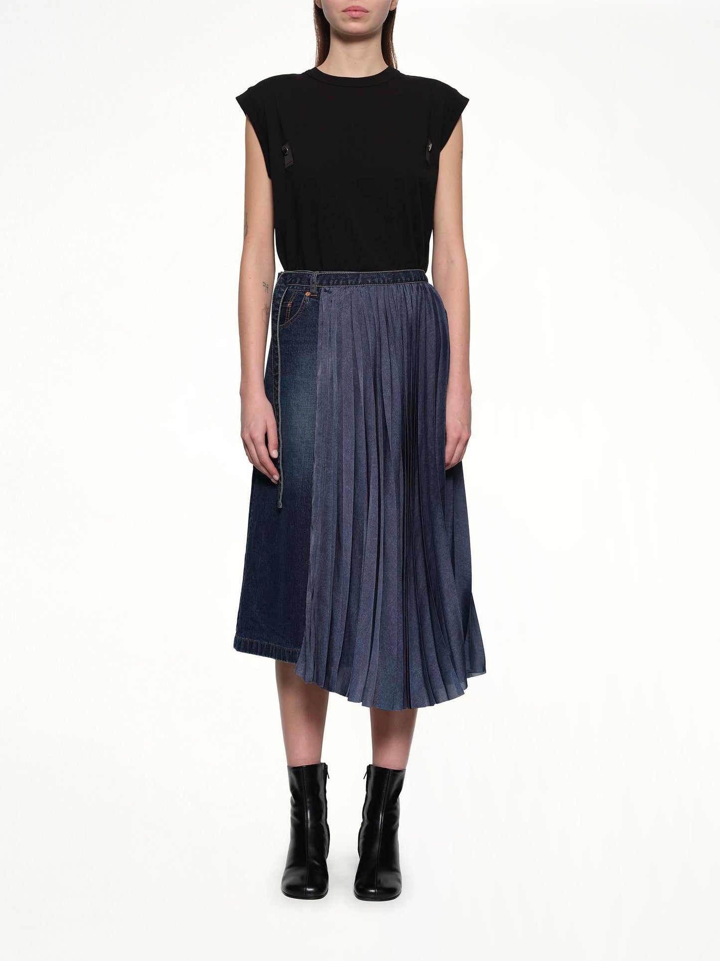 Half Pleated Denim Skirt in Blue