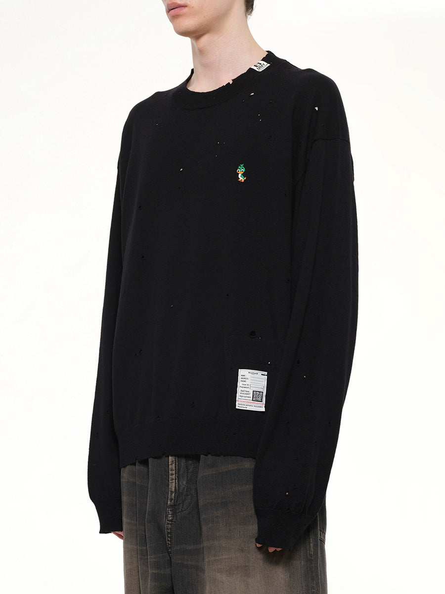 Distressed Knit Pullover in Black