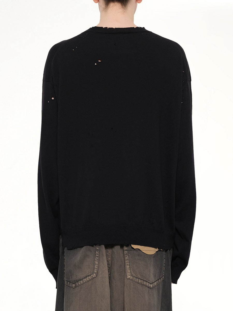 Distressed Knit Pullover in Black