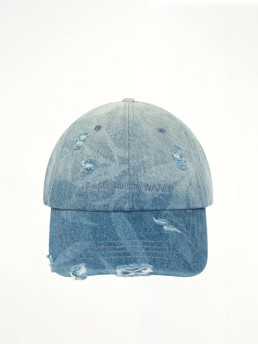 Denim Washed Printed Baseball Cap in Blue