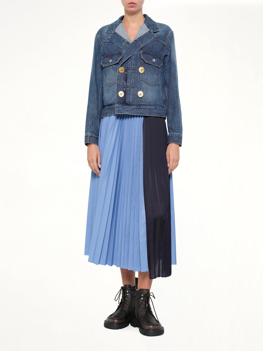 Poplin Pleat Skirt in Blue Stripe