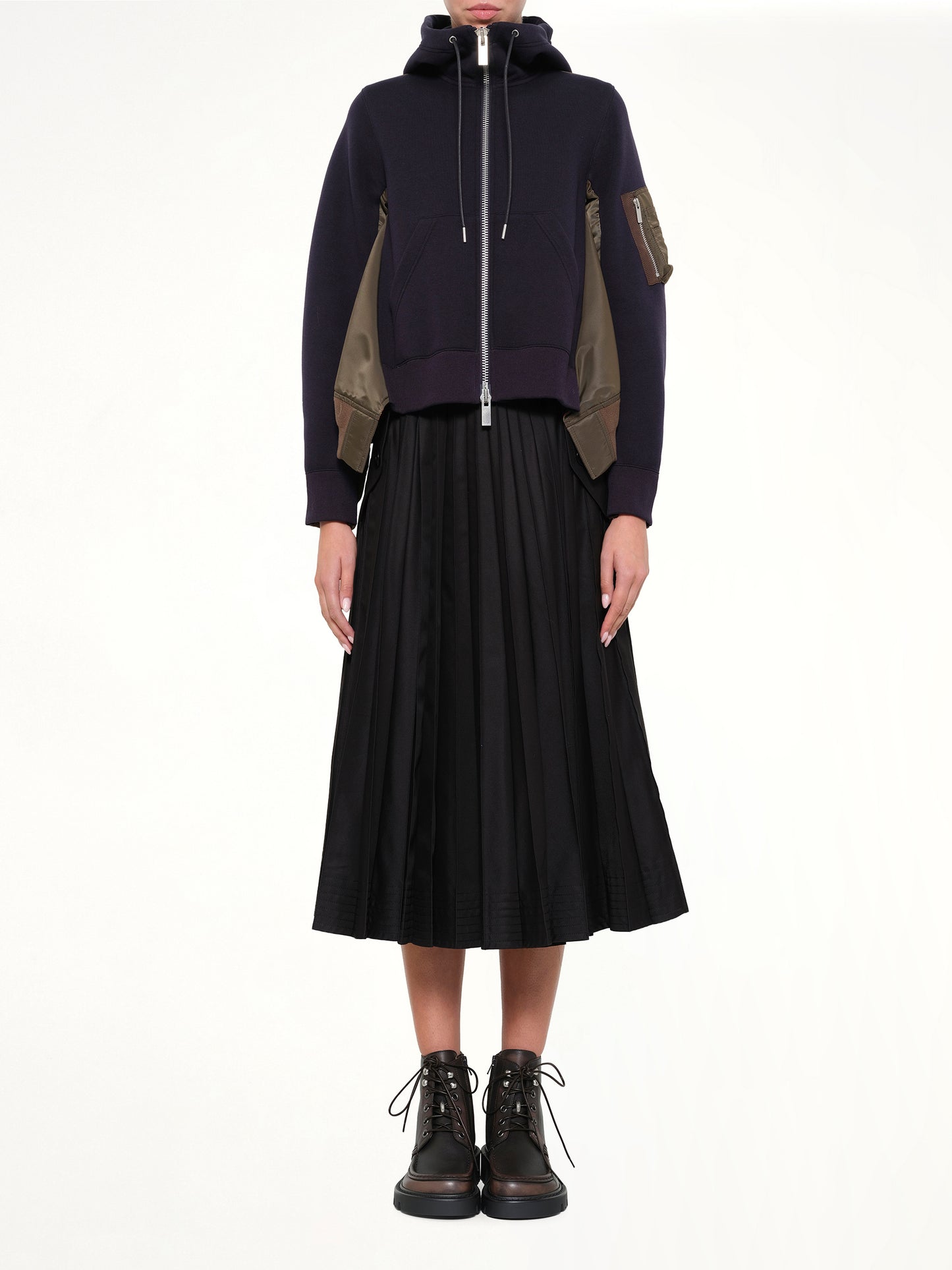 Sponge Sweat x Nylon Twill Hoodie in Navy/Dark Khaki