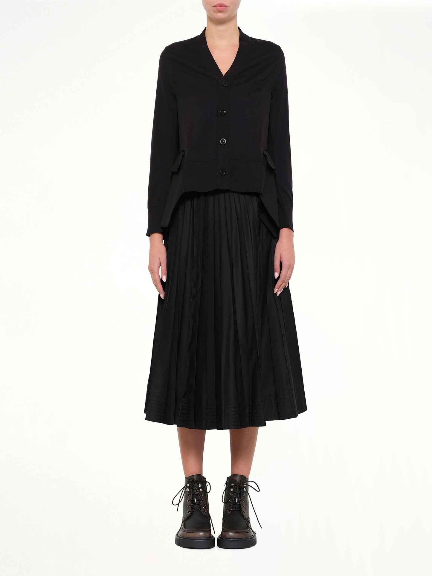 Wool Suiting x Cotton Knit Cardigan in Black