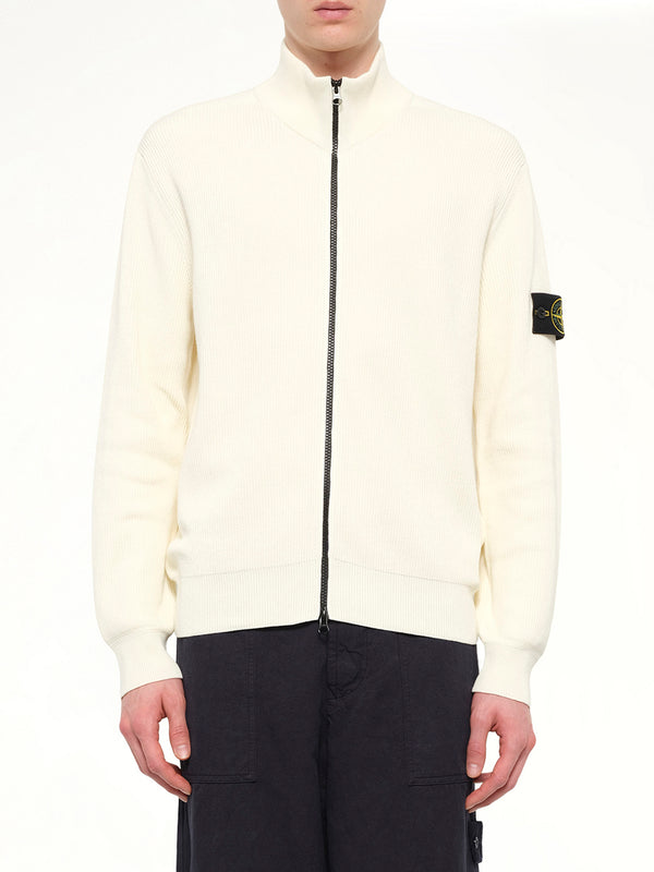 5100126 Ribbed Cotton Zip-Up Cardigan in Ivory