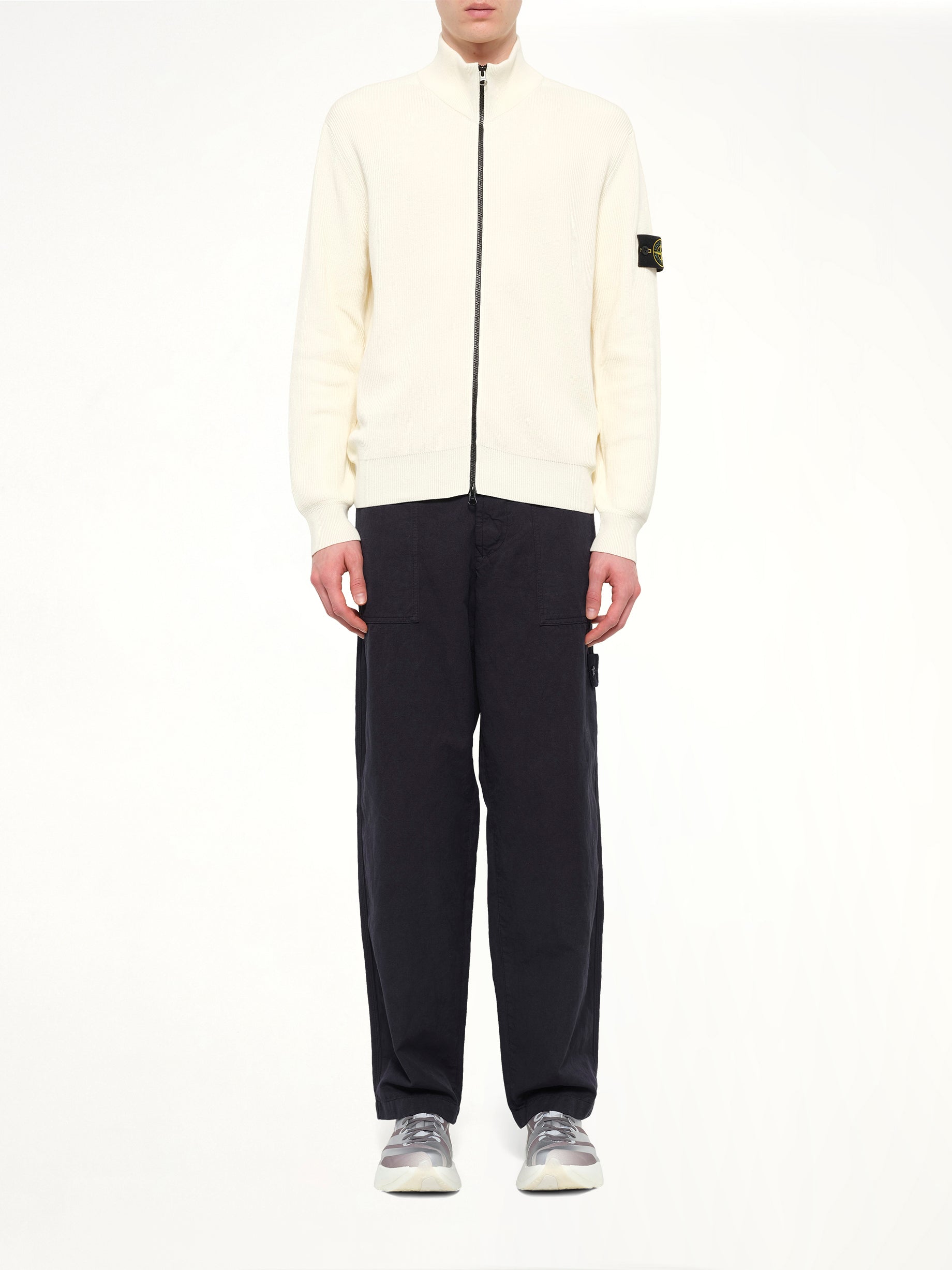 5100126 Ribbed Cotton Zip-Up Cardigan in Ivory