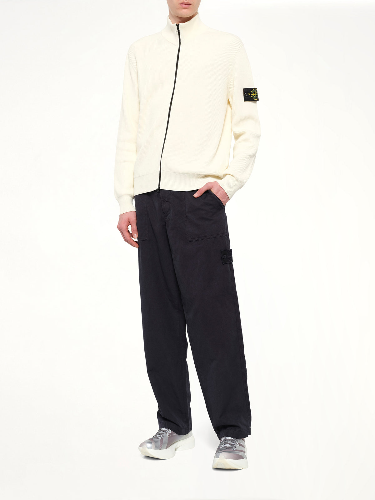 5100126 Ribbed Cotton Zip-Up Cardigan in Ivory