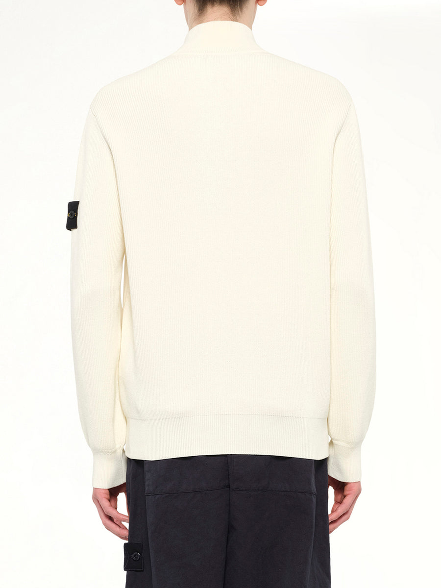 5100126 Ribbed Cotton Zip-Up Cardigan in Ivory