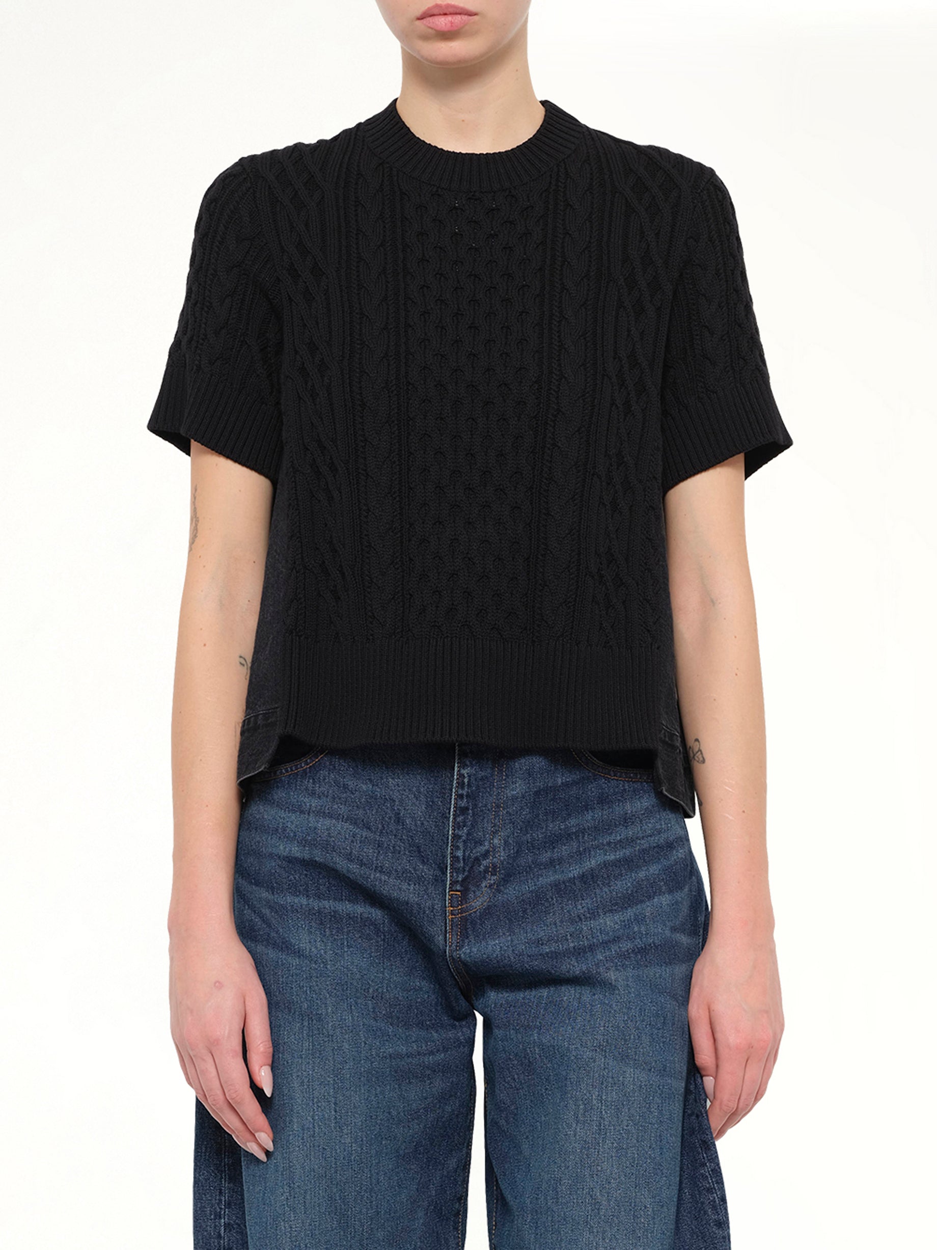 Denim x Cotton Knit Sweater in Black