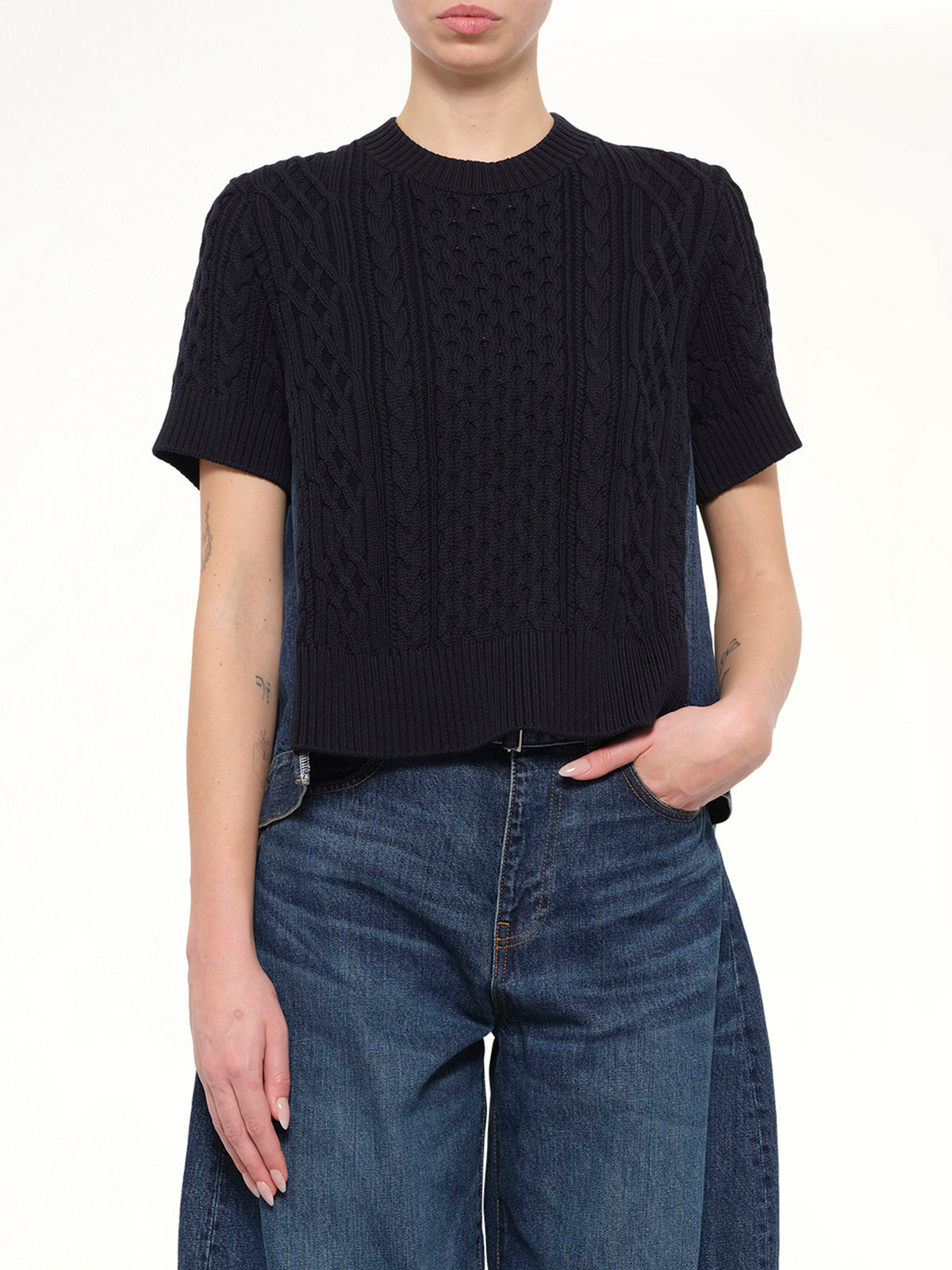 Denim x Cotton Knit Sweater in Navy
