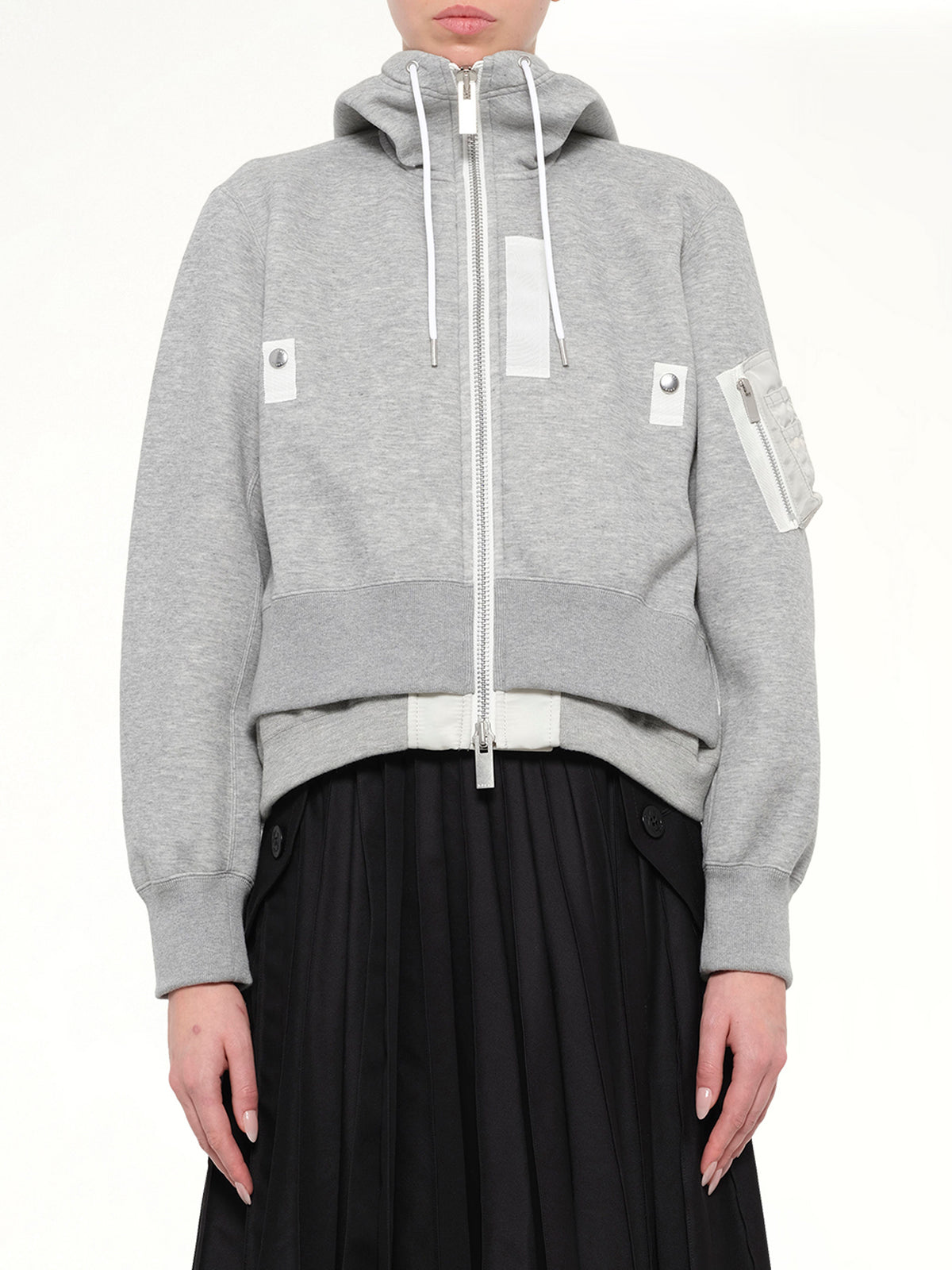 Layered Sponge Sweat x Nylon Twill Hoodie in Light Gray