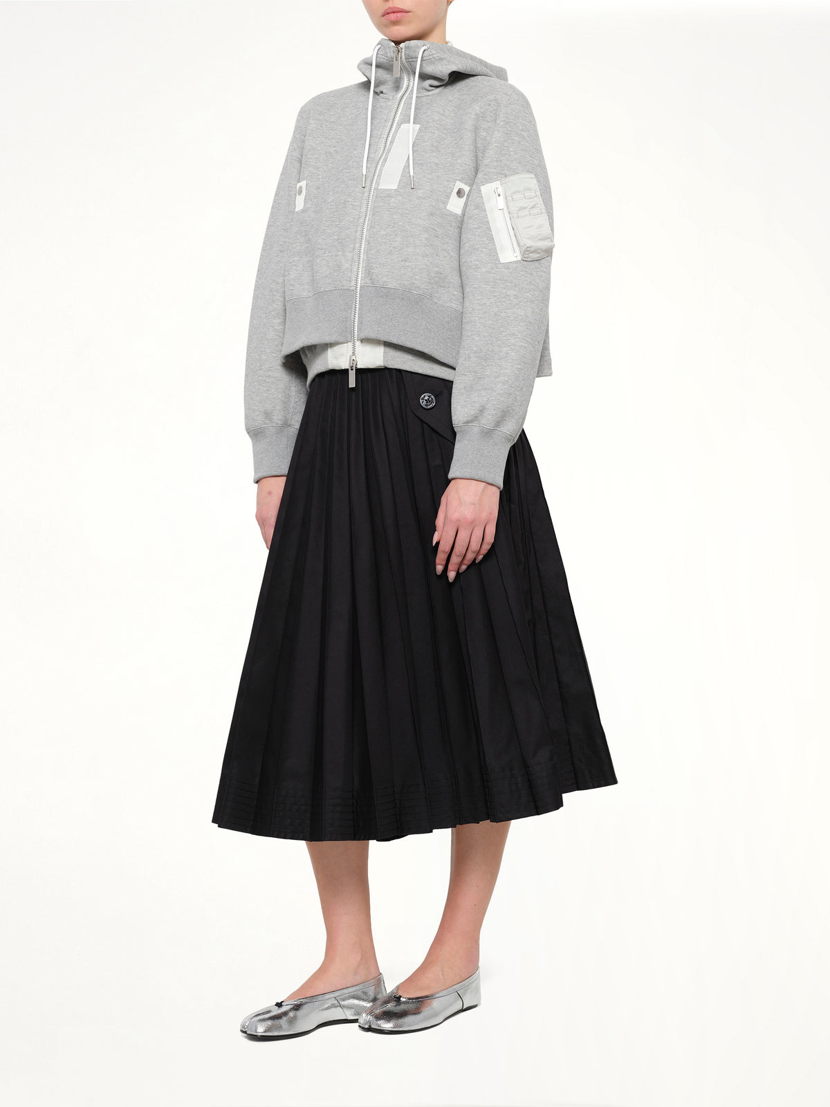 Layered Sponge Sweat x Nylon Twill Hoodie in Light Gray