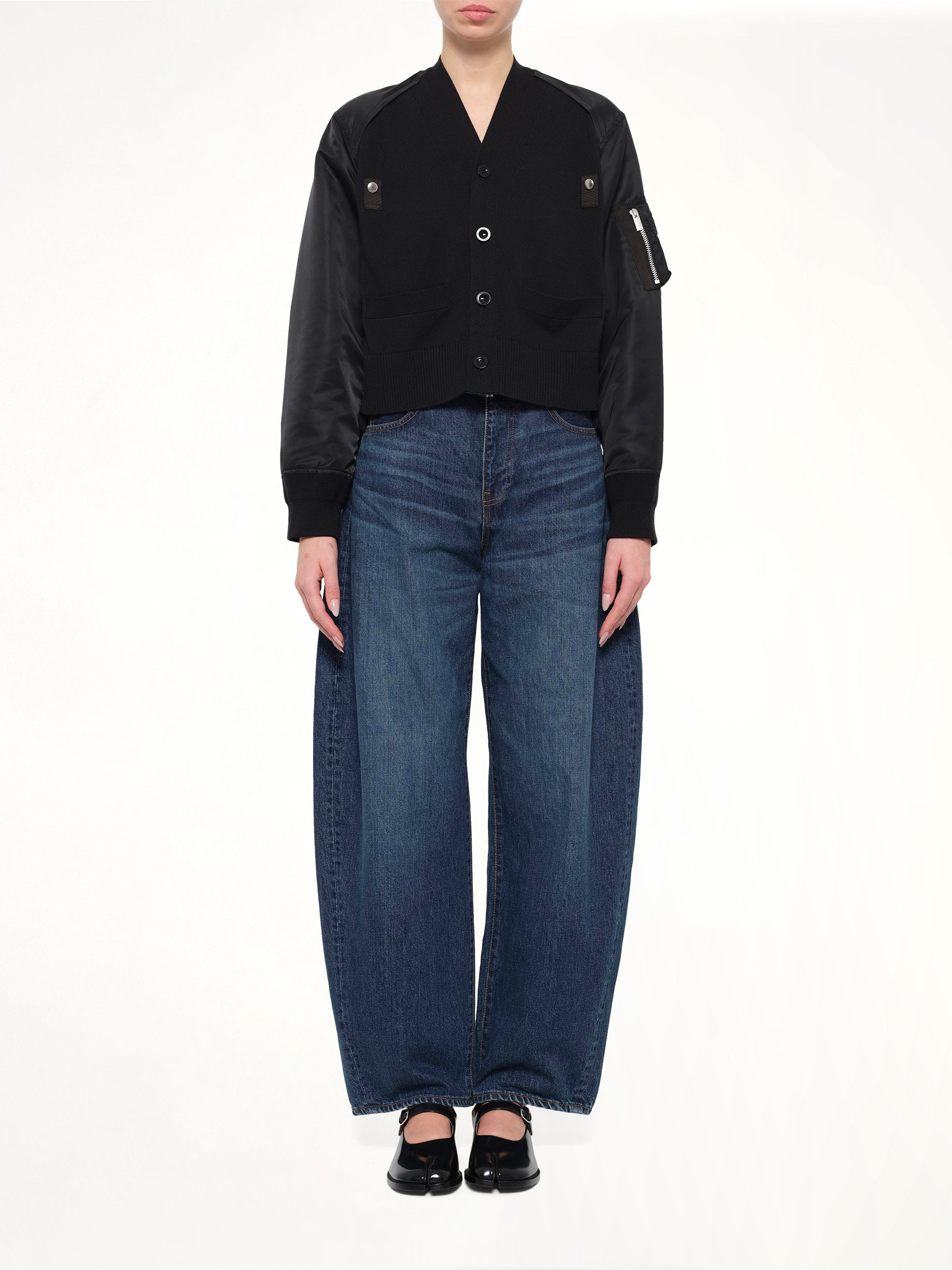 Nylon Twill x Cotton Knit Cardigan in Black