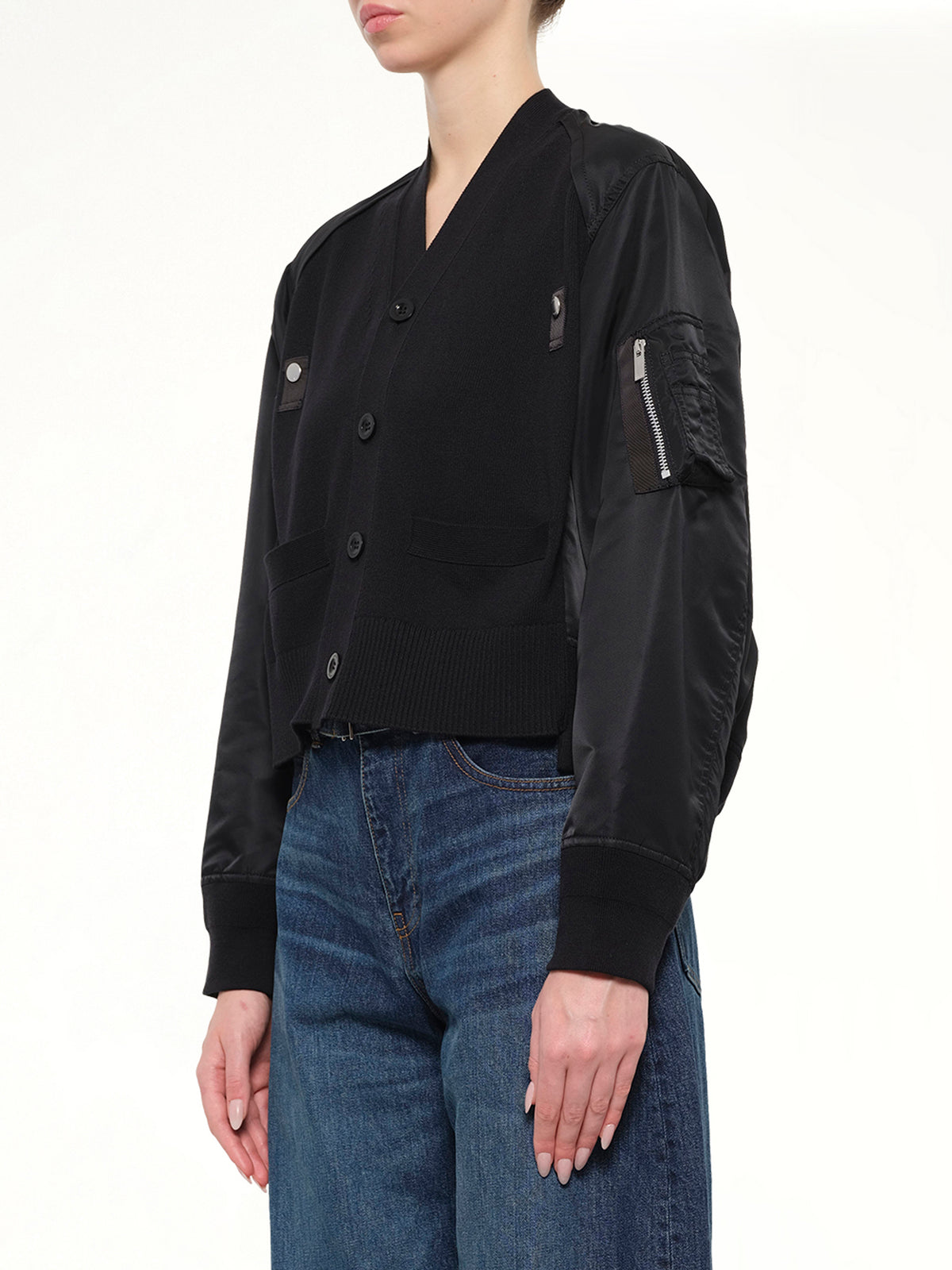 Nylon Twill x Cotton Knit Cardigan in Black
