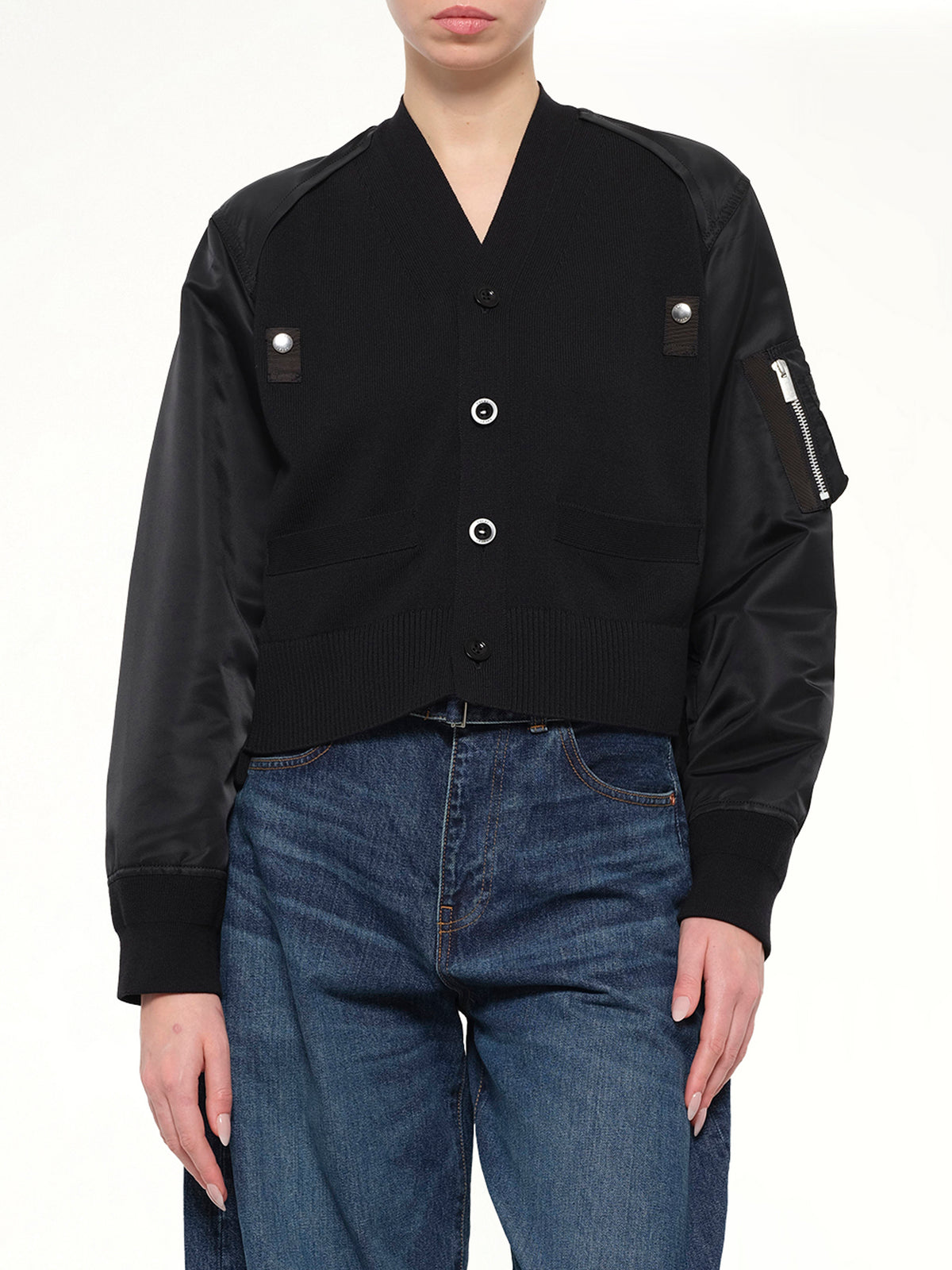Nylon Twill x Cotton Knit Cardigan in Black