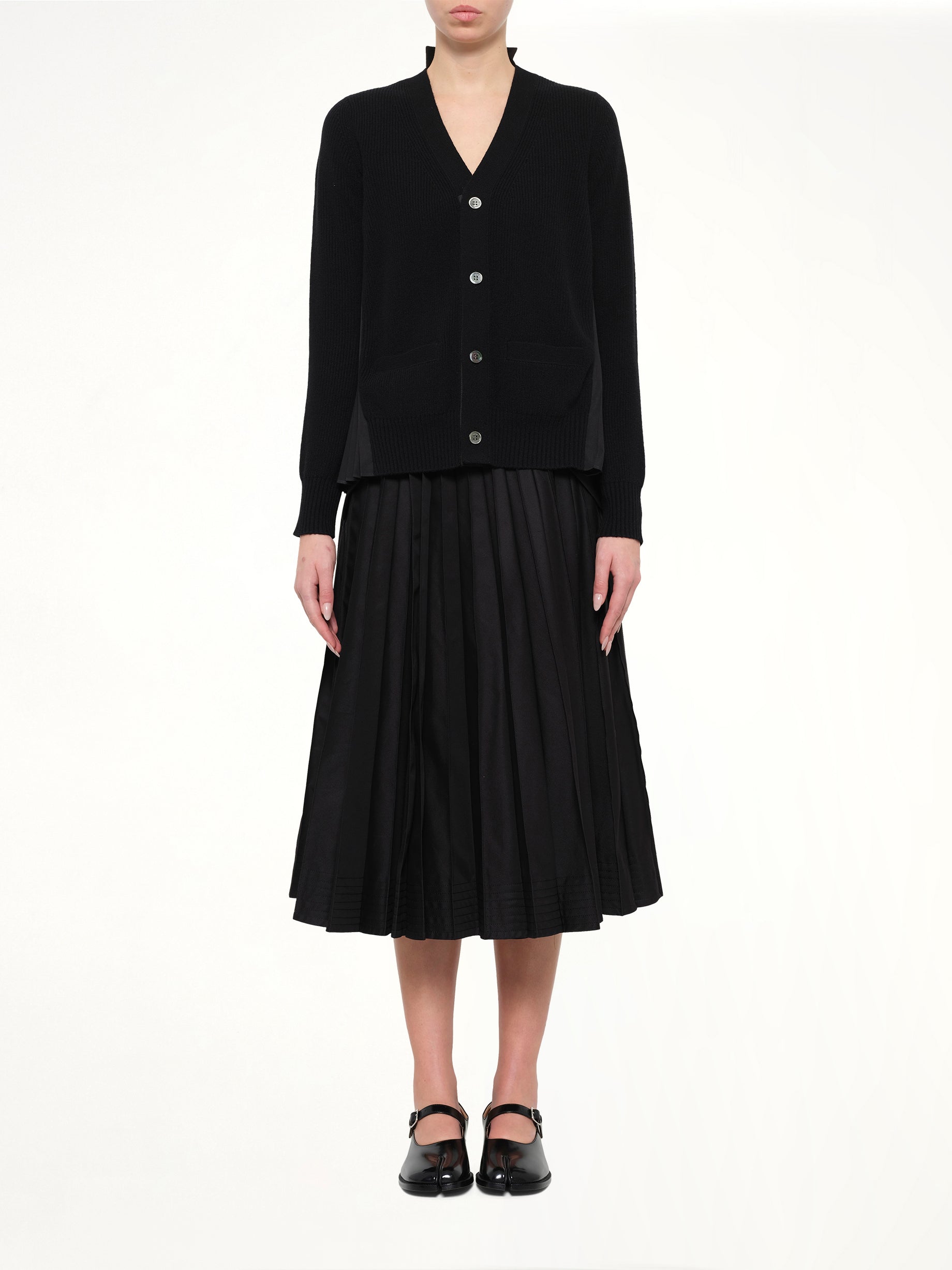 Wool Knit x Cotton Poplin Cardigan in Black