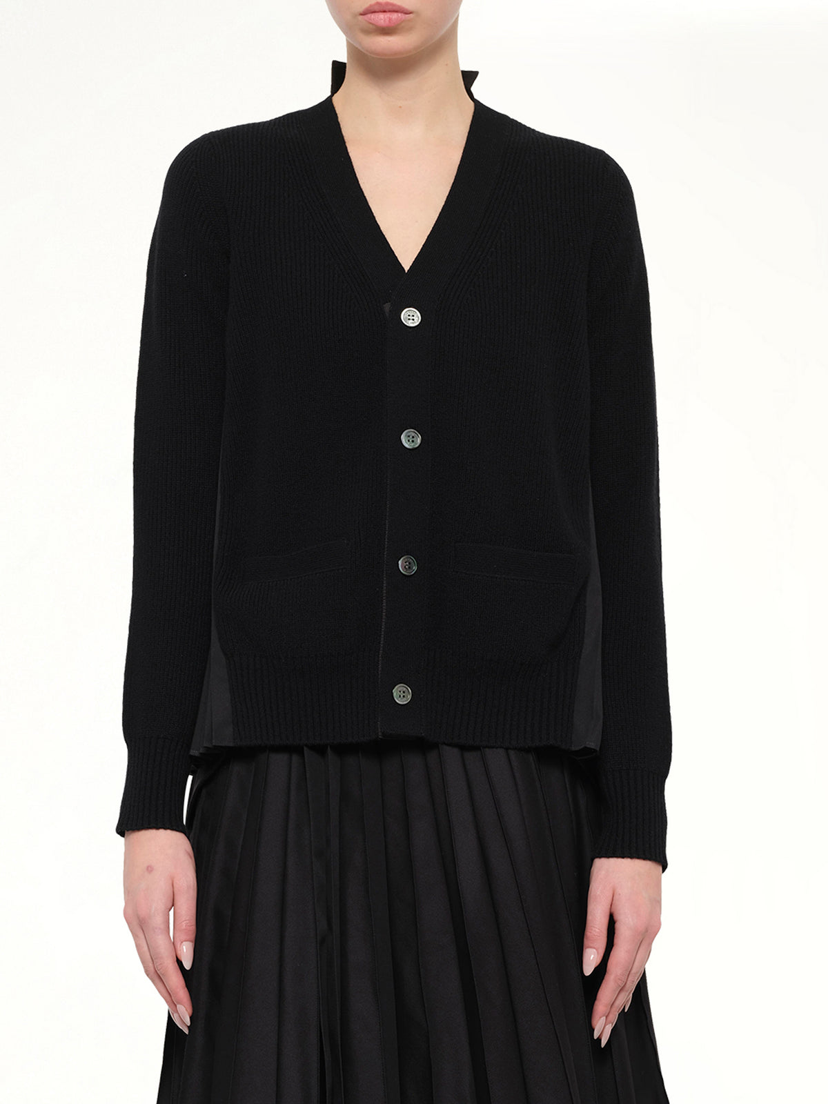 Wool Knit x Cotton Poplin Cardigan in Black