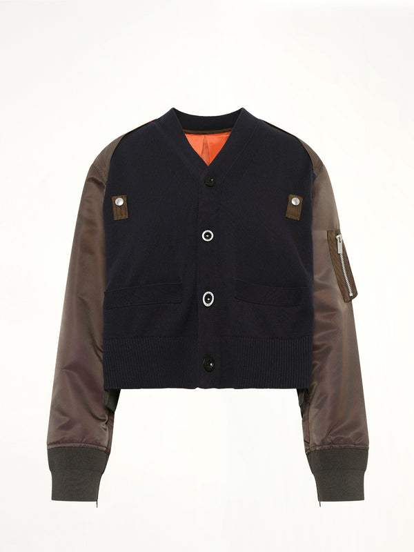 Nylon Twill x Cotton Knit Cardigan in Navy/Dark Khaki