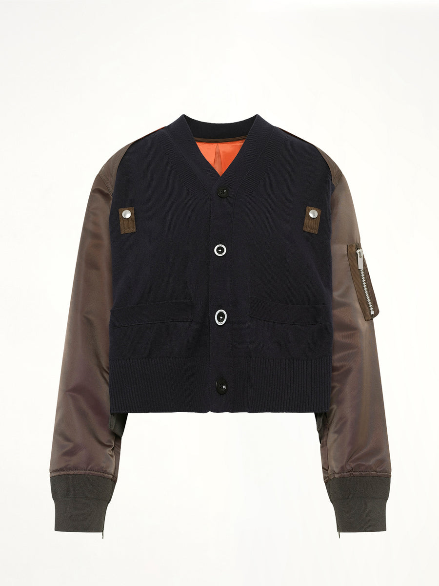 Nylon Twill x Cotton Knit Cardigan in Navy/Dark Khaki