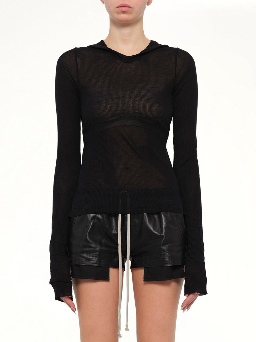 Cropped Hooded Rib LS T-Shirt in Black