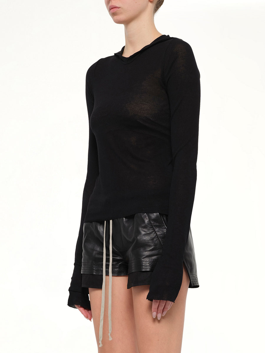 Cropped Hooded Rib LS T-Shirt in Black