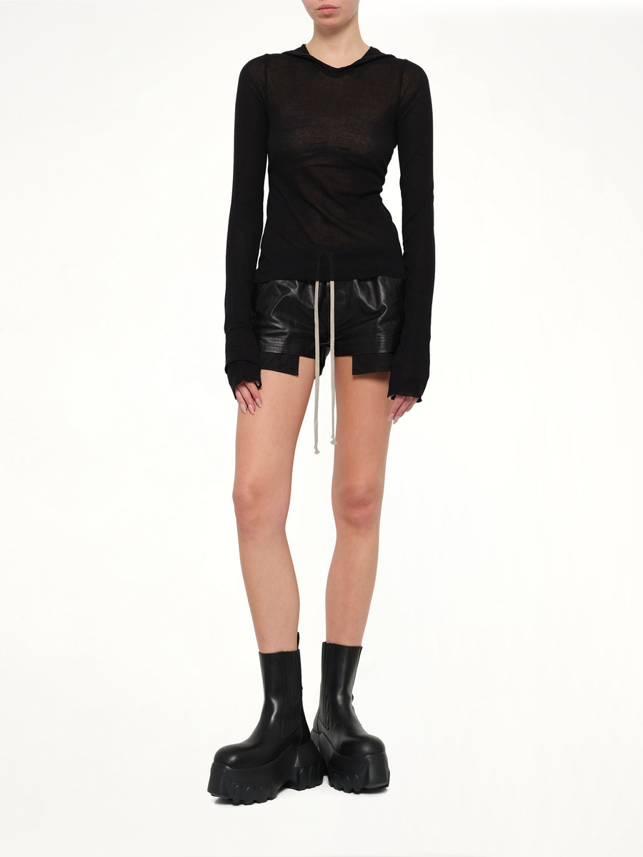 Cropped Hooded Rib LS T-Shirt in Black
