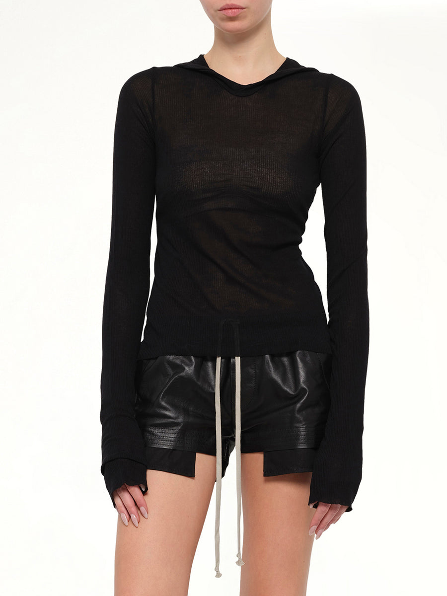 Cropped Hooded Rib LS T-Shirt in Black