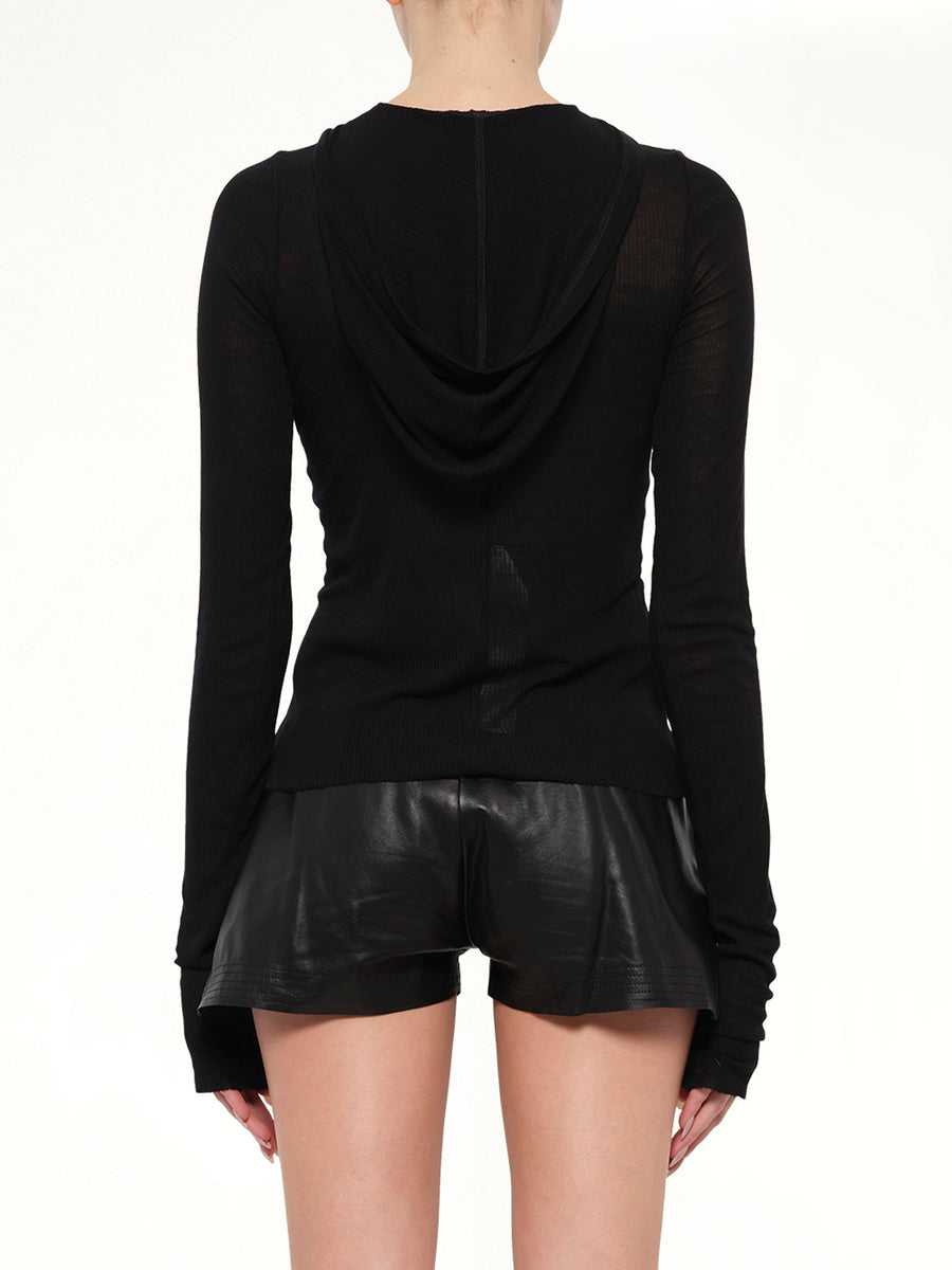 Cropped Hooded Rib LS T-Shirt in Black