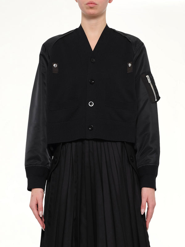 Nylon Twill x Cotton Knit Cardigan in Black