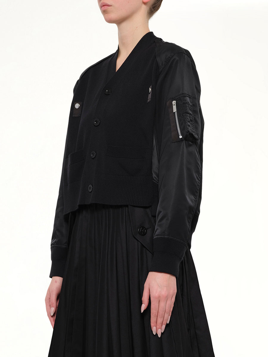 Nylon Twill x Cotton Knit Cardigan in Black