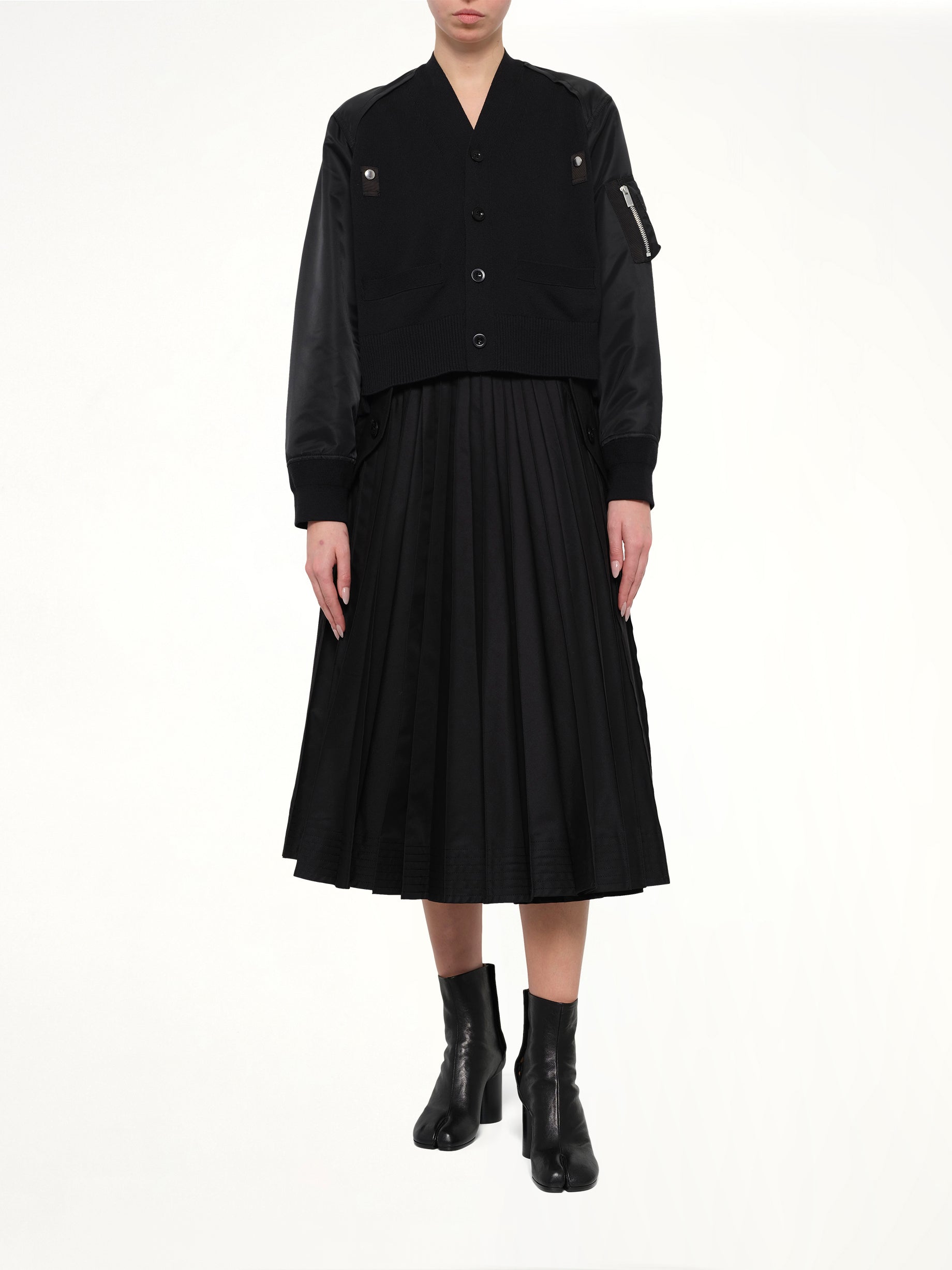Nylon Twill x Cotton Knit Cardigan in Black