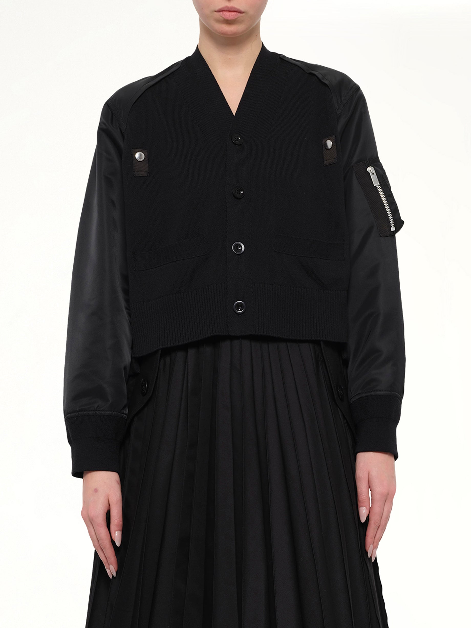 Nylon Twill x Cotton Knit Cardigan in Black