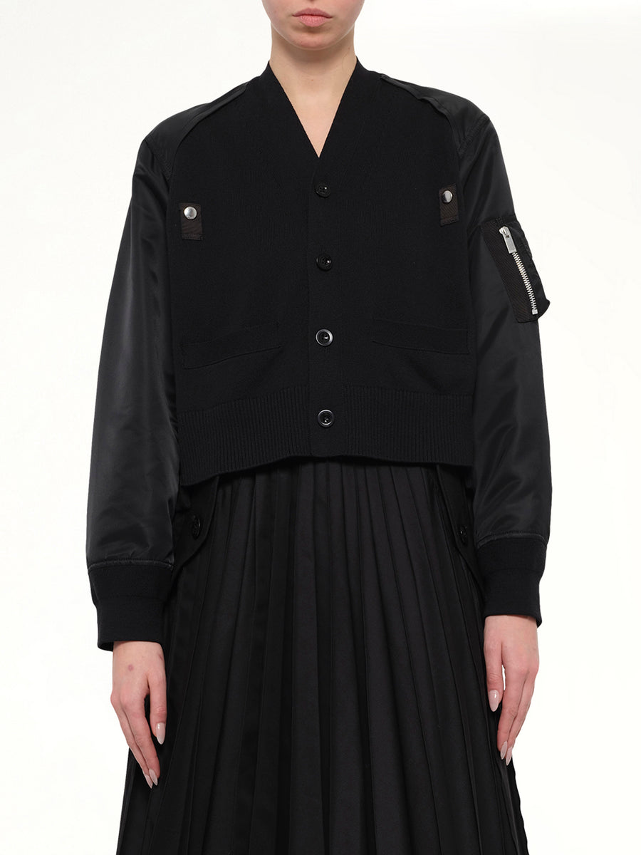 Nylon Twill x Cotton Knit Cardigan in Black