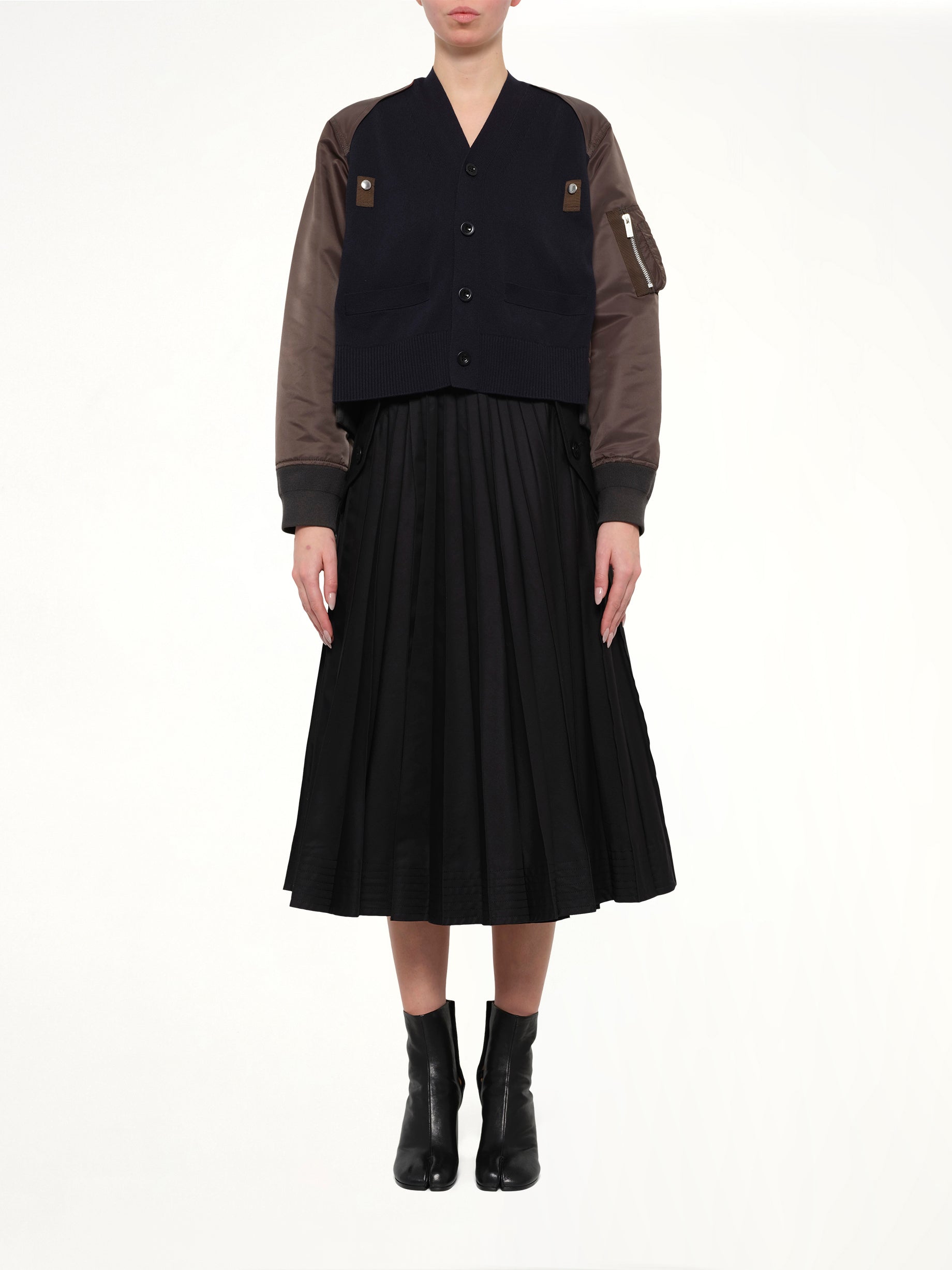Nylon Twill x Cotton Knit Cardigan in Navy/Dark Khaki