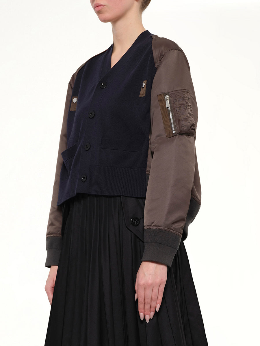 Nylon Twill x Cotton Knit Cardigan in Navy/Dark Khaki