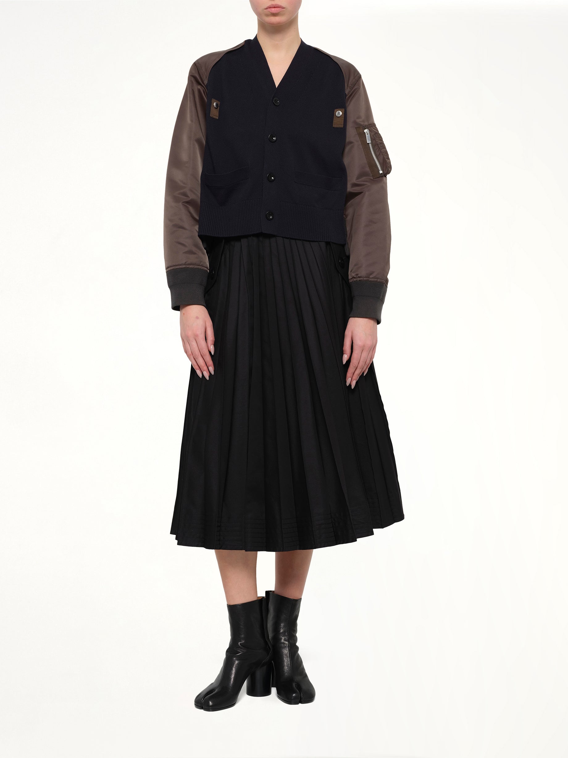 Nylon Twill x Cotton Knit Cardigan in Navy/Dark Khaki
