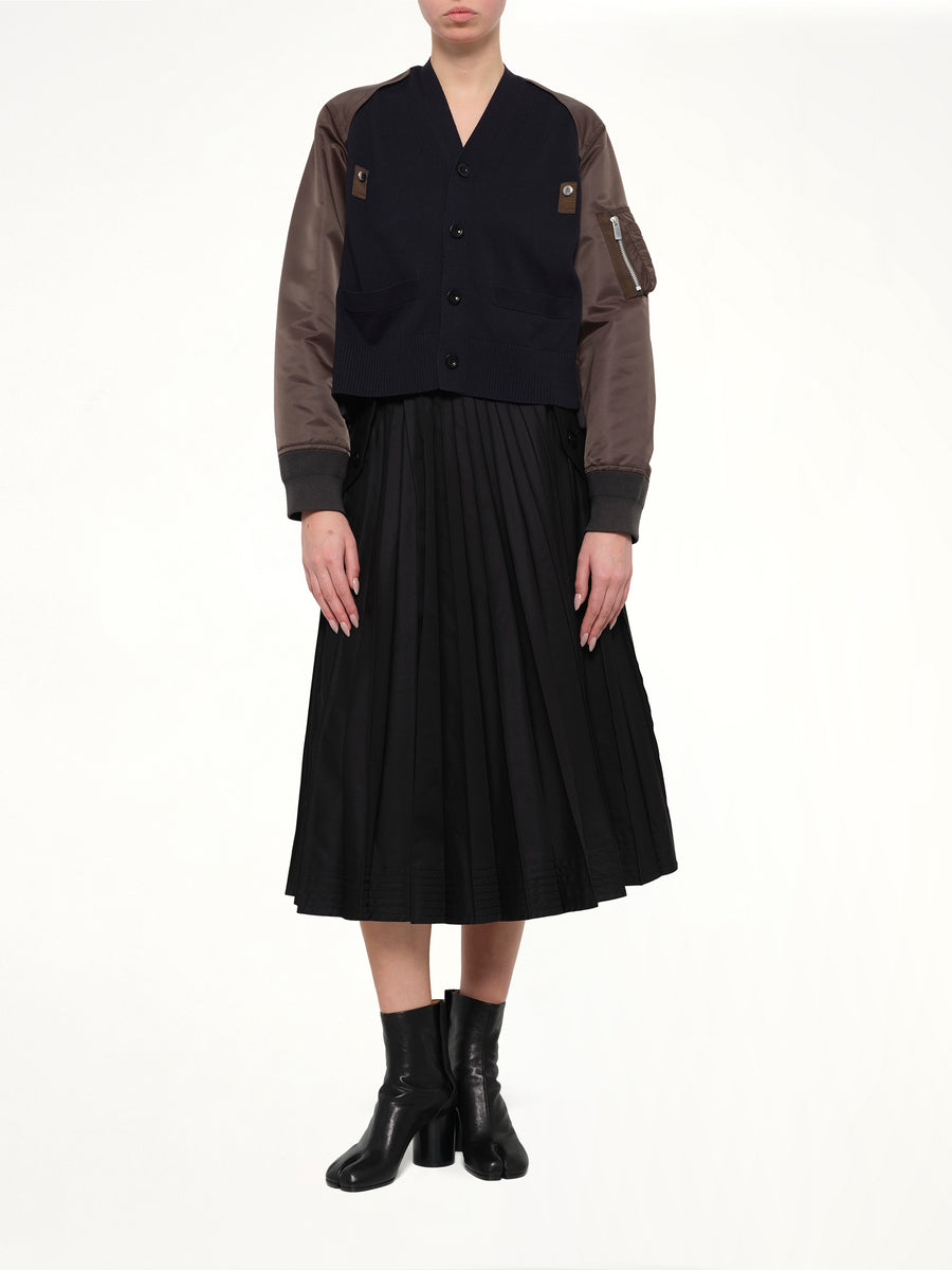 Nylon Twill x Cotton Knit Cardigan in Navy/Dark Khaki