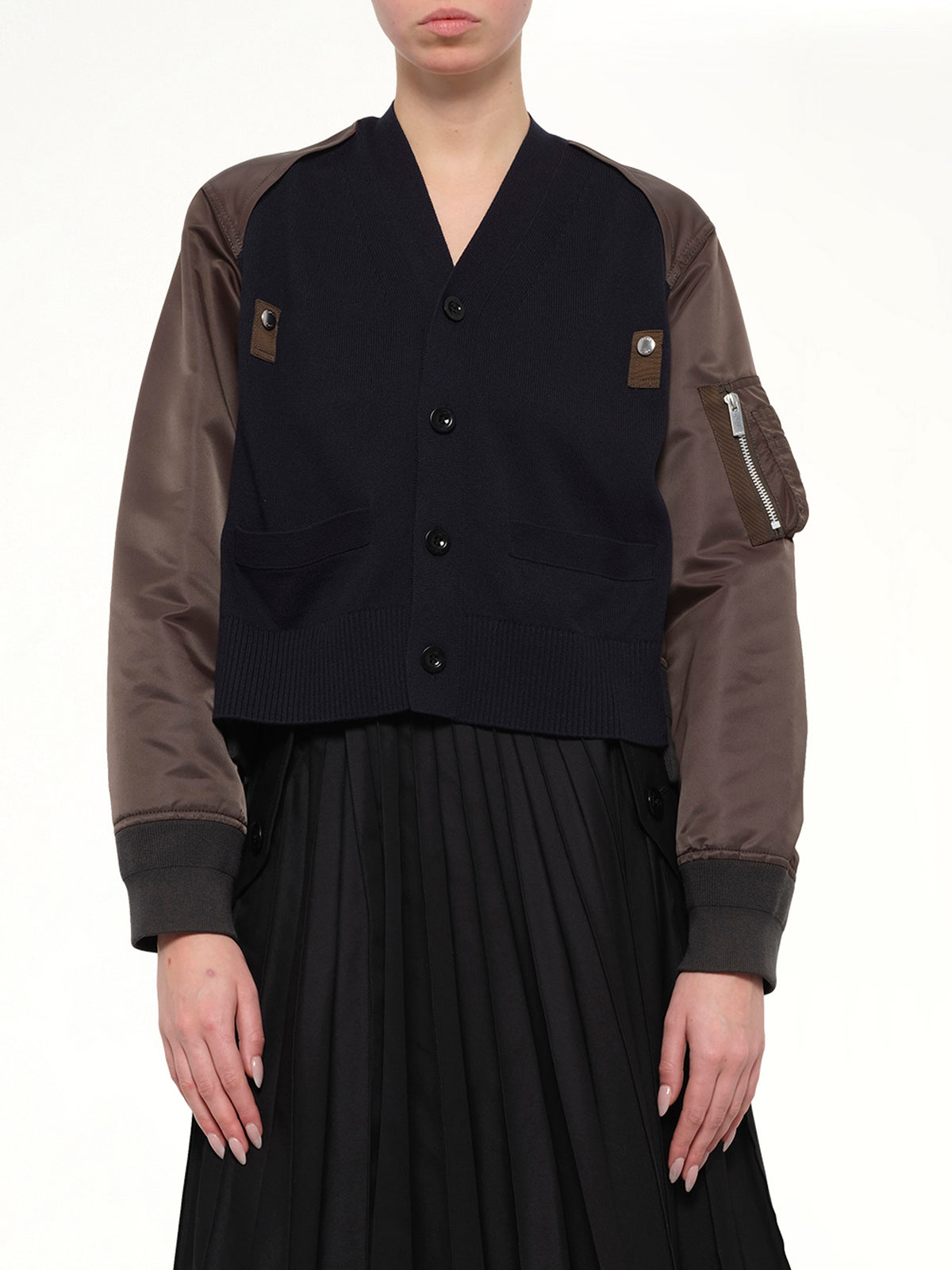 Nylon Twill x Cotton Knit Cardigan in Navy/Dark Khaki