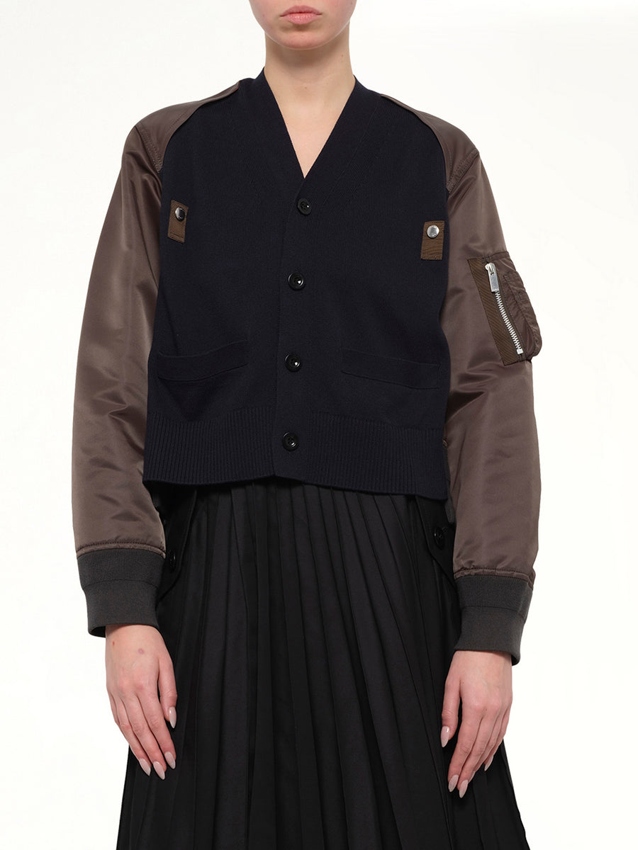 Nylon Twill x Cotton Knit Cardigan in Navy/Dark Khaki